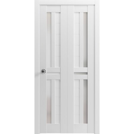 SARTODOORS Sliding Closet Bi-fold Doors 72 x 96in, Veregio 7288 White Silk W/ Frosted Glass, Sturdy Tracks VEREGIO7288BF-WS-7296